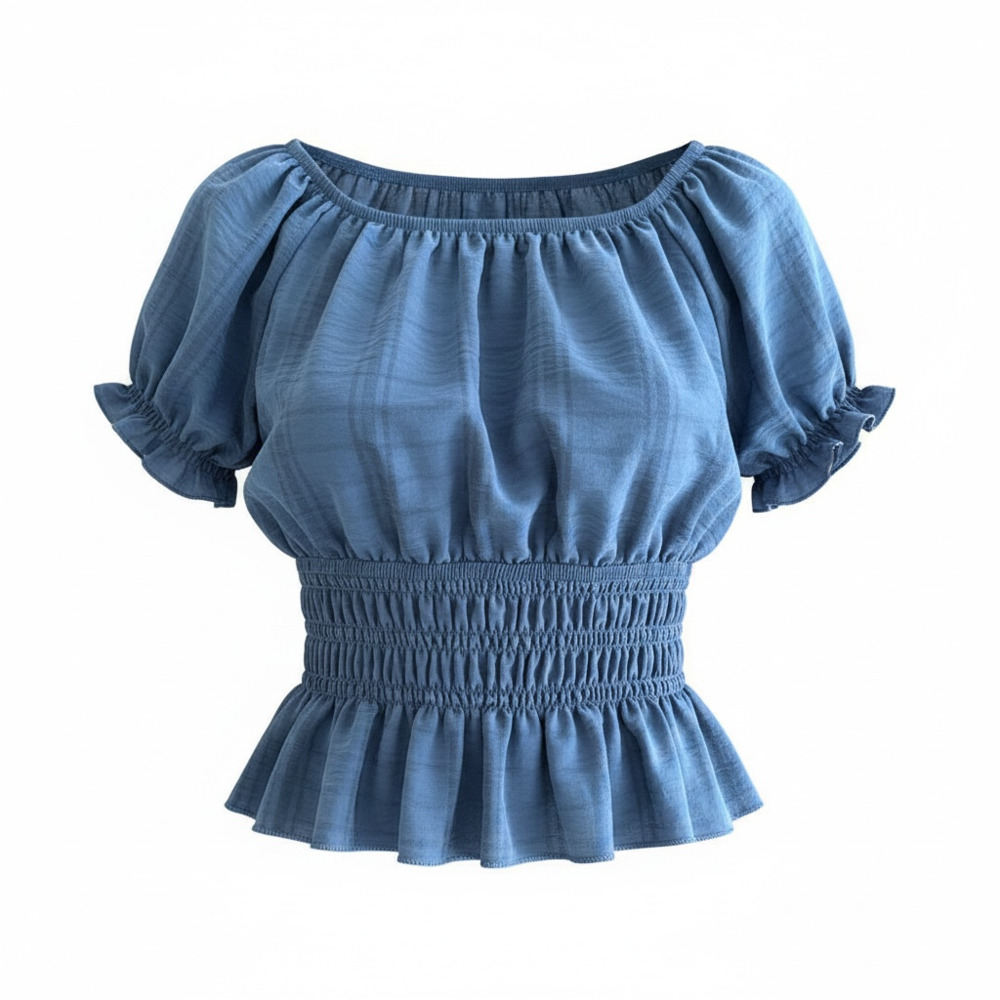 Moon & Stars Women's Blue Smocked Waist Peplum Top with Puff Sleeves